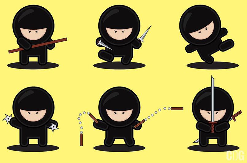 Six cute ninjas na żółtym tle