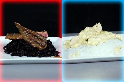 Zdjęcie podzielone na dwie sekcje. Na pierwsza przedstawia grillowany stek z dzikim ryżem leżący na białym talerzu. Druga przedstawia usmażoną pierś z kurczaka w sosie śmietanowo-serowym leżącą na białym talerzu